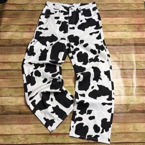 VTG Cow Print Wide Leg Jeans Black White High Waisted Animal Pattern Denim Large